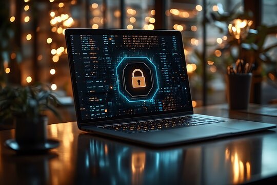 Minimalist laptop displaying a lock icon on the screen, emphasizing data security