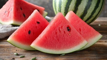 Juicy watermelon slices on wooden table glisten with freshness, showcasing their vibrant red color and contrasting green rind, perfect for summer treat