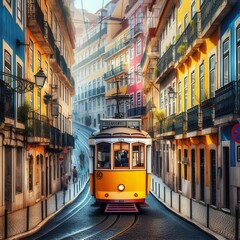 Fototapeta premium Bright yellow vintage tram on a narrow street in Lisbon, enclosed by colorful buildings and cobblestones.