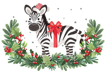 Christmas Card with Cute Zebra Vector Illustration