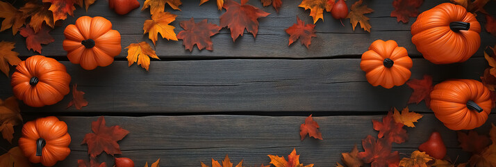 An autumnal Halloween-themed background featuring several plastic pumpkins of various sizes scattered across a rustic wooden surface 