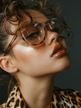 A stunning female model showcases glamorous look with oversized glasses, shimmering makeup, and stylish hair. leopard print outfit adds bold touch to her captivating expression