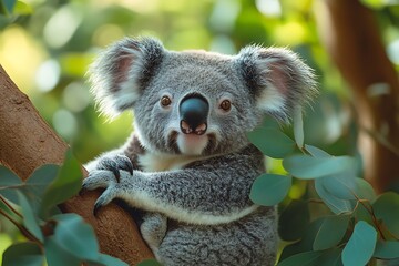 Obraz premium A serene koala sits peacefully in a eucalyptus tree, bathed in soft natural light.