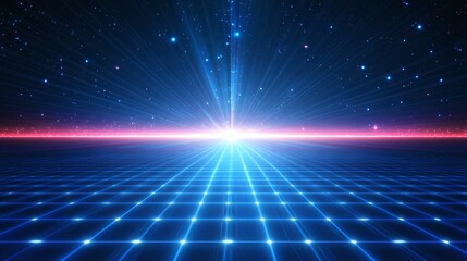 Obraz premium A vibrant futuristic landscape featuring glowing lines and a radiant light source against a starry night sky.