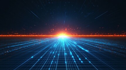 A vibrant futuristic scene featuring bright light patterns and a digital horizon, symbolizing innovation and technology.