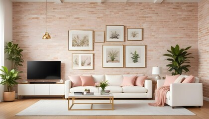 Photo modern style interior room 3d illustration Interior frame living room with colorful white sofa,led with blank frame