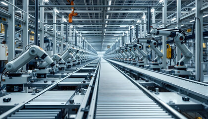 Industrial Robotic Arms on a Conveyor Belt in a Factory