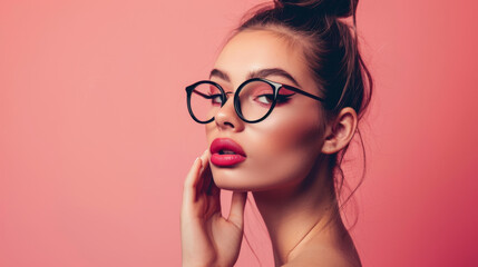 Fototapeta premium A stylish female model with long hair poses against pink background, showcasing her bold makeup and trendy glasses. Her confident expression adds to vibrant aesthetic