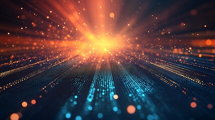 Obraz premium A vibrant scene of light rays and particles creating a dynamic digital background, perfect for technology themes.