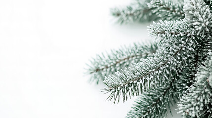 A close-up of Christmas evergreen fir tree twigs dusted with fresh snow, set against a clean white background 