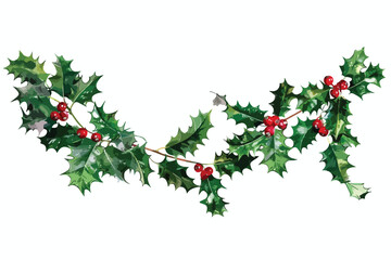 Christmas Holly Garland Clipart Isolated on White Background
