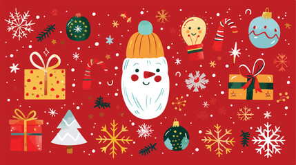 Christmas Red Background with Xmas Gift and Cute Icon