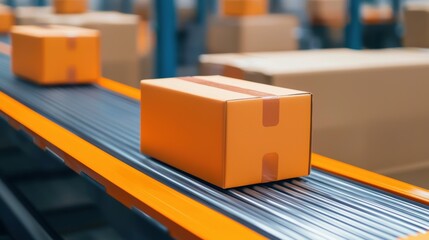 A close-up view of an orange package on a conveyor belt in a modern warehouse, showcasing efficient logistics and delivery processes.