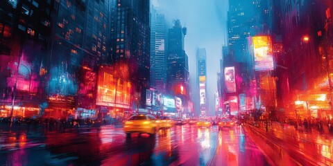 Abstract vibrant city skyline with dynamic lights and energy