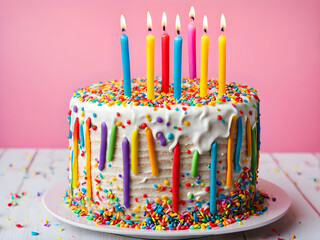 Celebration birthday cake with colorful sprinkles and twenty one colorful birthday candles