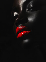 Obraz premium A striking close up of womans face against Vantablack background, showcasing her radiant red lips and smooth, dark skin. contrast creates captivating and bold visual impact