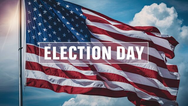 Patriotic illustration featuring the words "Election Day" against the USA flag background to the sky, promoting the upcoming USA election 2024 and voting themes.