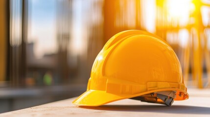A bright yellow hard hat rests on a construction site, symbolizing safety and protection in the building industry.