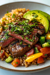 A plate of steak and vegetables on a bed of rice