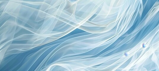 Abstract Light Blue Background with Transparent Wavy White Fabric, Texture of Silk, Sateen, Chiffon