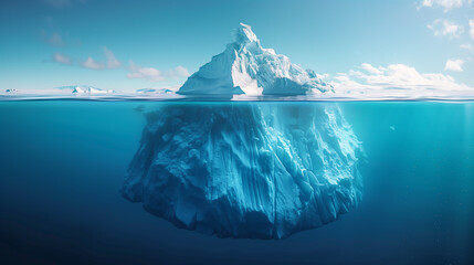 An iceberg in the sea seen at water level. 