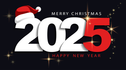 2025. New Year 2025 black advertising poster. Design numbers are white, red. Santa hat. New Year promotion and shopping template, gold stars. Business calendar cover, holiday. Vector illustration