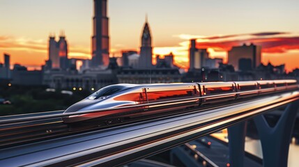 A sleek high-speed train travels on an elevated track against a vibrant sunset skyline.