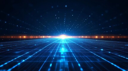 Obraz premium Abstract digital landscape with glowing lines and particles, creating a futuristic and dynamic visual effect.