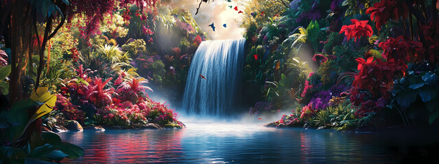 Naklejka premium Colorful Waterfall in Tropical Rainforest