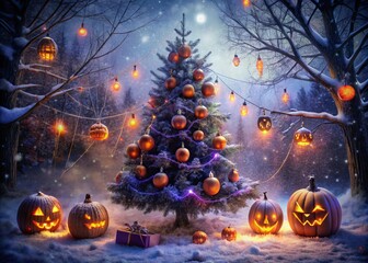 Obraz premium A spooky winter wonderland scene featuring a Christmas tree adorned with jack-o'-lanterns, spider webs, and twinkling orange and purple lights.