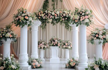 A beautifully decorated wedding altar with white pillars, lush floral arrangements, and soft drapes in the background, radiating a classic wedding feel