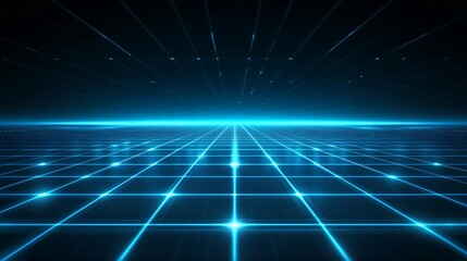 An abstract blue grid landscape with glowing lines and dots, evoking a sense of depth and digital technology in a futuristic setting.