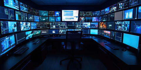 A darkened room, illuminated by multiple monitors displaying real-time feeds.