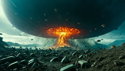 Obraz premium Dramatic apocalyptic scene depicting an alien invasion with a massive explosion in the distance, amidst destruction and chaos. The intense visuals convey a sense of danger, science fiction, and end-of