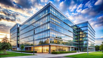 Obraz premium A modern office building with a glass facade.