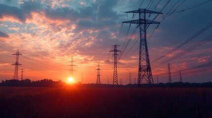 A city at night with a lot of power lines and street lights. Scene is somewhat eerie and mysterious