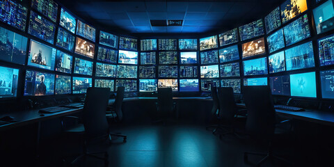 A darkened room, illuminated by multiple monitors displaying real-time feeds.