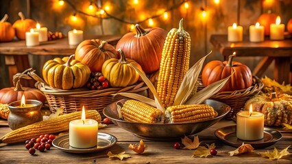 Thanksgiving dinner table setting featuring a beautifully arranged corn centerpiece.