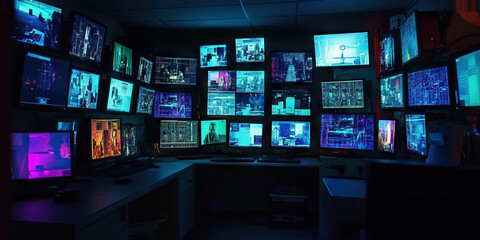 A darkened room, illuminated by multiple monitors displaying real-time feeds.