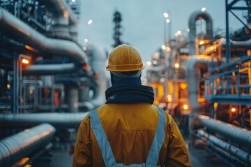 Fototapeta premium Industrial Worker in Yellow Hard Hat Stands Before Pipes at an Oil Refinery