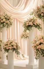 Fototapeta premium A beautifully decorated wedding altar with white pillars, lush floral arrangements, and soft drapes in the background, radiating a classic wedding feel