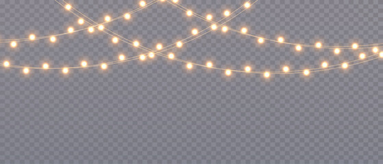 Vector Christmas lights on a transparent background. Christmas light PNG. Set of Christmas glowing garlands. For advertising invitations, web banners, postcards. Vector. Christmas decoration, LED lam
