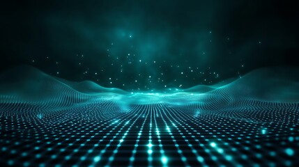 An abstract digital landscape with glowing particles and a wave pattern in shades of teal, creating a futuristic ambiance.