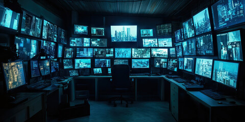 A darkened room, illuminated by multiple monitors displaying real-time feeds.