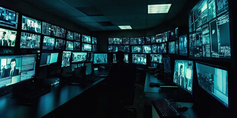 A darkened room, illuminated by multiple monitors displaying real-time feeds.