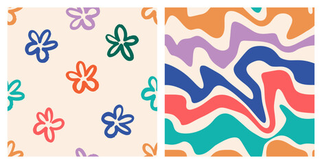 Naive playful seamless pattern set with doodle Daisy and Wavy Swirl. Contemporary colourful trendy backgrounds for kids. Trendy boho style on a beige background.