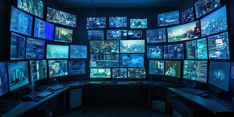 A darkened room, illuminated by multiple monitors displaying real-time feeds.