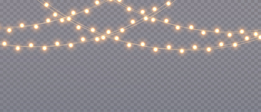 Vector Christmas lights on a transparent background. Christmas light PNG. Set of Christmas glowing garlands. For advertising invitations, web banners, postcards. Vector. Christmas decoration, LED lam