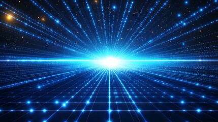 Fototapeta premium Dazzling blue light rays extending in a cosmic space, creating a vibrant and energetic atmosphere of infinite possibilities.