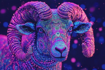 Obraz premium Colorful fantasy digital illustration of a ram with vibrant horns and abstract patterns